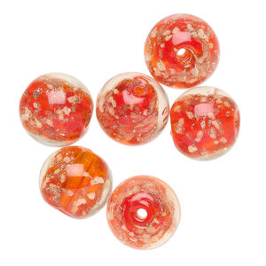 Bead, lampworked glass, clear / red / glow-in-the-dark / gold, 12mm round. Sold per pkg of 6.