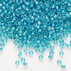 Seed bead, Miyuki, glass, pkg/50g, #8 rocaille, translucent aqua-lined luster crystal clear (RR-1822).