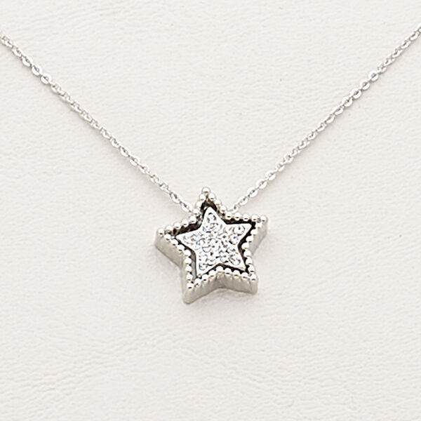 Necklace, Czech glass rhinestone / imitation rhodium-plated steel / brass / "pewter" (zinc-based alloy), clear, 15x15mm star, 17 inches with 2-inch extender chain and lobster claw clasp. Sold individually. image number 0