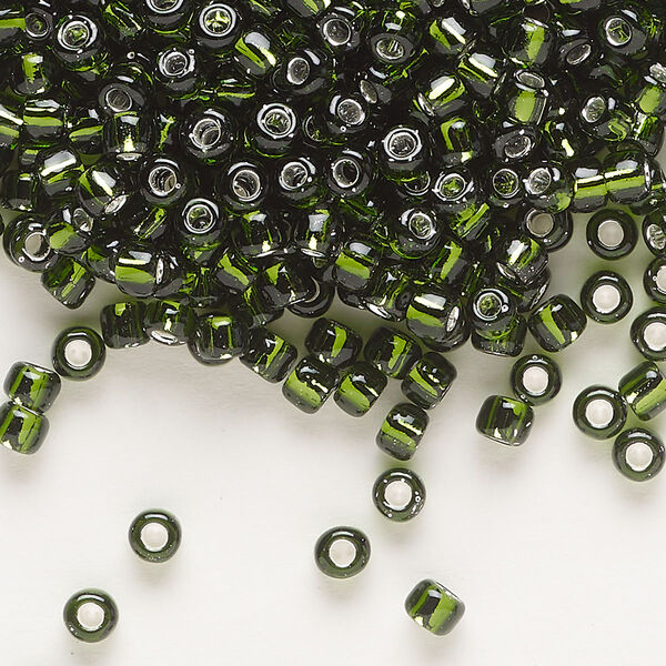 Seed bead, Dyna-Mites™, glass, transparent silver-lined olive green, #6 round. Sold per 40-gram pkg. image number 0