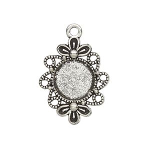 Drop, glue-in, antique silver-finished "pewter" (zinc-based alloy), 26x21mm single-sided flower with 12mm round setting. Sold per pkg of 2.