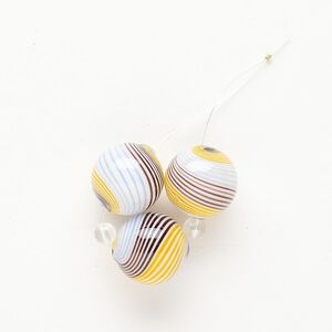 Bead 1pkg3 handblown glass, 20-21mm round / line design, translucent multicolored