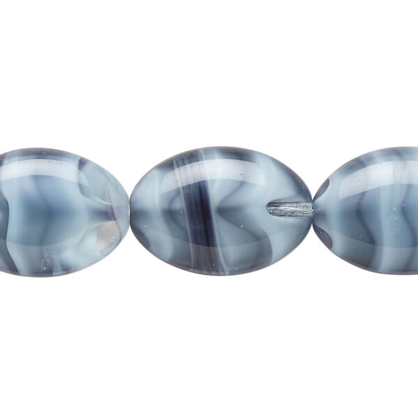 Bead, glass, translucent blue-grey / grey / black, 20x14mm puffed oval. Sold per 6-inch strand, approximately 5 beads. image number 0