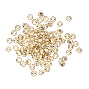 Bead, gold-plated brass, 3x2mm corrugated rondelle. Sold per pkg of 1,000.