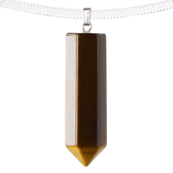 Pendant, tigereye (natural) and silver-plated "pewter" (zinc-based alloy), 43x12mm point. Sold individually. image number 0