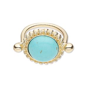 Ring, magnesite (dyed / stabilized) and gold-finished "pewter" (zinc-based alloy), turquoise blue, 22mm round, size 9. Sold individually.