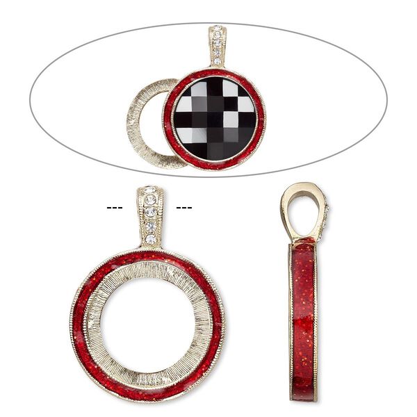 Pendant, Almost Instant Jewelry®, epoxy / crystals / gold-finished "pewter" (zinc-based alloy), light Siam red and crystal clear with glitter, 33x24mm single-sided with 20mm round setting. Sold individually. image number 0