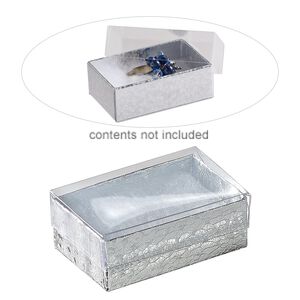 Box, plastic and paper, "cotton"-filled, silver and clear, 2-5/8 x 1-1/2 x 1-inch rectangle. Sold per pkg of 10.