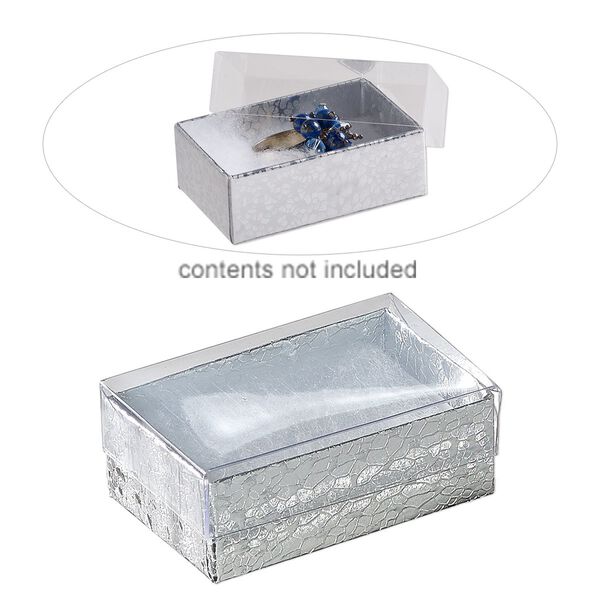 Box, plastic and paper, "cotton"-filled, silver and clear, 2-5/8 x 1-1/2 x 1-inch rectangle. Sold per pkg of 10. image number 0