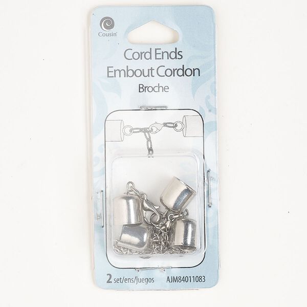 Clasp, lobster claw, silver-finished steel, 47x10mm round with 2-1/2 inch extender chain and glue-in cord ends, 9mm inner diameter. Sold per pkg of 2. image number 0