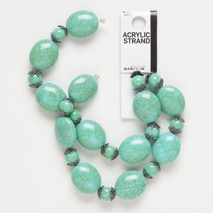 Bead, acrylic and gunmetal-finished "pewter" (zinc-based alloy), turquoise blue, 23x19mm puffed oval and 10mm round. Sold per 16-1/2 inch strand.