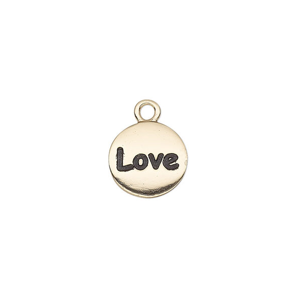 Drop, enamel and gold-finished "pewter" (zinc-based alloy), black, 11mm single-sided round with "Love". Sold individually. image number 0
