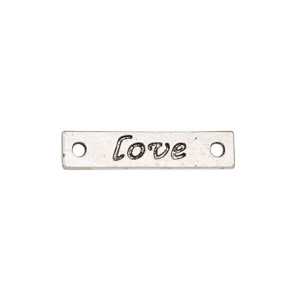 Link, antique silver-finished "pewter" (zinc-based alloy), 25.5x6mm single-sided flat rectangle with "love." Sold per pkg of 2. image number 0
