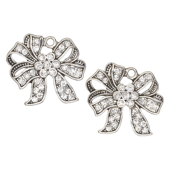 Charm, antique silver finish "pewter" (zinc-based alloy) and glass, clear, 26x21mm single-sided Christmas bow, Sold per pkg of 2. image number 0