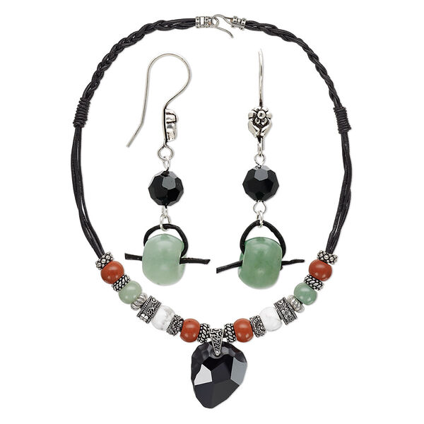 Necklace and earring set, One of a Kind Jewelry, leather (dyed) and multi-gemstone (natural), black, 18 inches. Only one available. image number 0