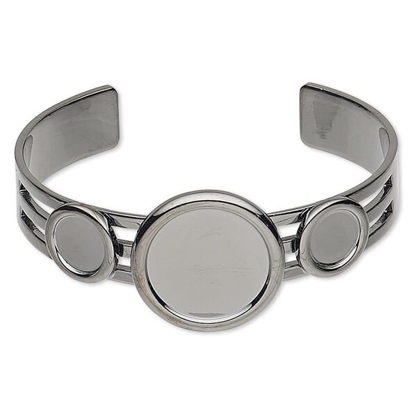 Bracelet, Almost Instant Jewelry®, cuff, gunmetal-plated brass and "pewter" (zinc-based alloy), 25mm wide with (2) 10mm and (1) 20mm round settings, adjustable. Sold individually. image number 0