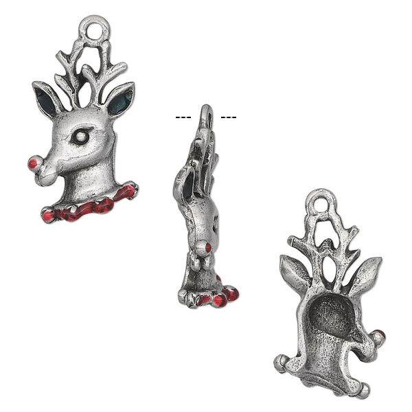 Charm, epoxy and pewter (tin-based alloy), red, 22x12mm single-sided reindeer. Sold per pkg of 2. image number 0