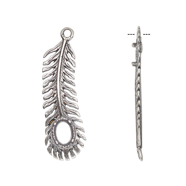 Drop, JBB Findings, antiqued sterling silver, 28.5x14mm single-sided feather with 6x4mm 4-prong oval setting. Sold individually. image number 0
