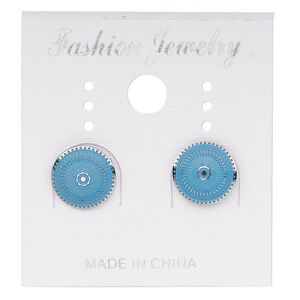 Earstud, stainless steel, blue patina, 10mm round with sun and wavy line design. Sold per pair.