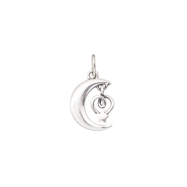 Charm, antiqued sterling silver, 12.5x10mm single-sided moon with heart and star. Sold individually. image number 0