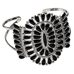 Bracelet, cuff, enamel and silver-plated brass, black, up to 49mm wide Navajo-style cluster design, adjustable. Sold individually.