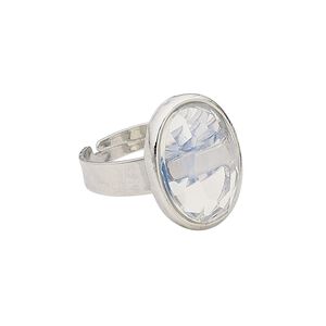 Ring, glass with silver-plated steel and "pewter" (zinc-based alloy), clear, 19x14mm-20x15mm faceted oval, adjustable from size 5-9. Sold individually.