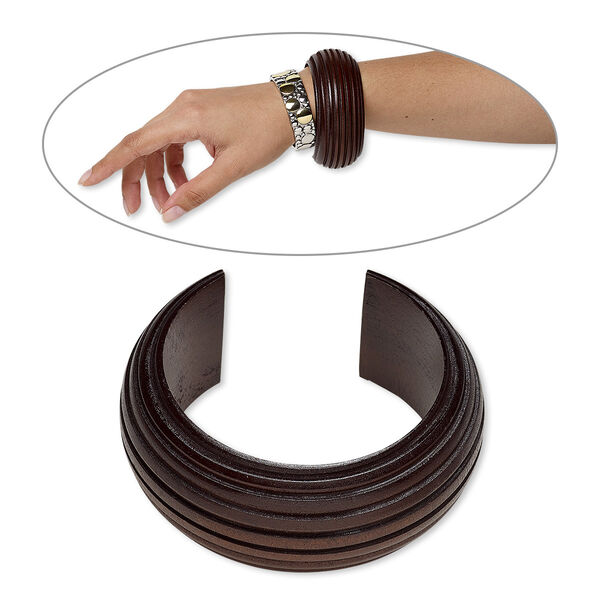 Bracelet, cuff, wood (dyed / waxed), dark brown, 35mm wide hand-carved ribbed band, 7-1/2 inches. Sold individually. image number 0