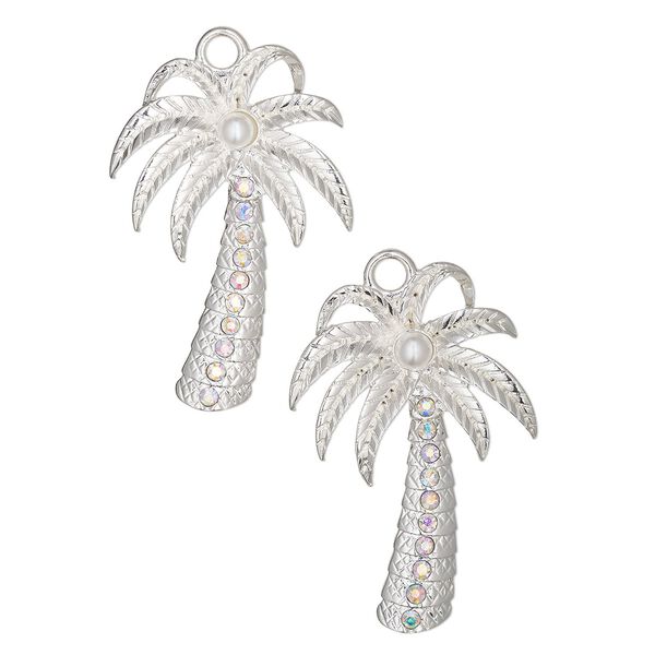 Focal, silver-finished "pewter" (zinc-based alloy) and glass, silver / clear / white AB, 2x1-1/4-inch single-sided palm tree. Sold per pkg of 2. image number 0