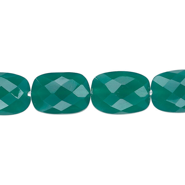 Bead, green onyx (dyed), 14x10mm hand-cut checkerboard-faceted puffed rectangle, B grade. Sold per pkg of 10. image number 0