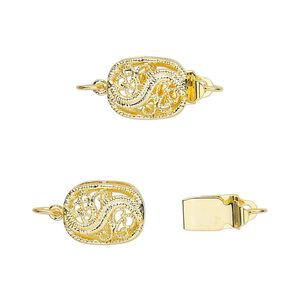 Clasp tab 1pkg4 gold-plated, 12x9mm filigree oval, brass 1-strand