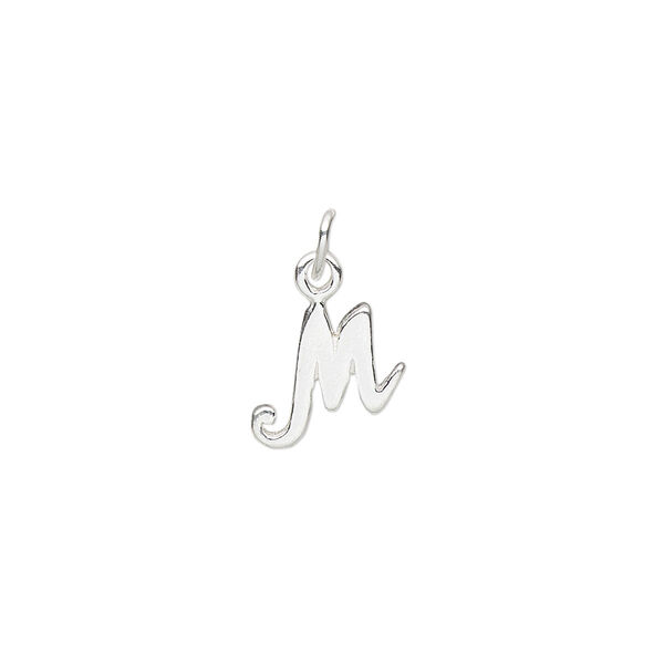 Charm, sterling silver, 9mm Champagne cursive alphabet letter "M." Sold individually. image number 0