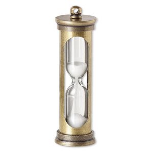 Focal, sand / glass / silicone / antiqued brass, white and clear, 47x14mm hourglass. Sold individually.