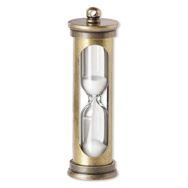 Focal, sand / glass / silicone / antiqued brass, white and clear, 47x14mm hourglass. Sold individually. image number 0