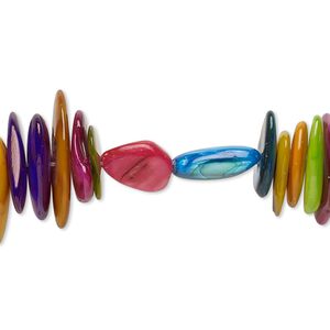 Bead, mother-of-pearl shell (dyed), multicolored, extra-large chip and mini to small flat nugget, Mohs hardness 3-1/2. Sold per 15" to 16" strand.