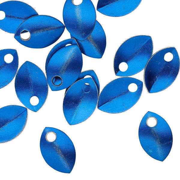Component, anodized aluminum, blue, 11x7mm 2-sided curved scale blank with 1.5mm hole, 20 gauge. Sold per pkg of 20. image number 0