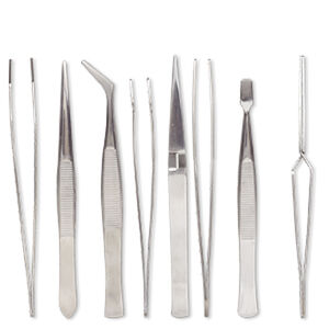 Tweezers, stainless steel, 4-1/2 inch to 4-3/4 inch assorted shape. Sold per 4-piece set.
