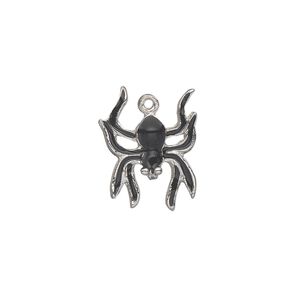 Charm, silver-plated "pewter" (zinc-based alloy) and enamel, black, 18x14mm single-sided spider. Sold individually.