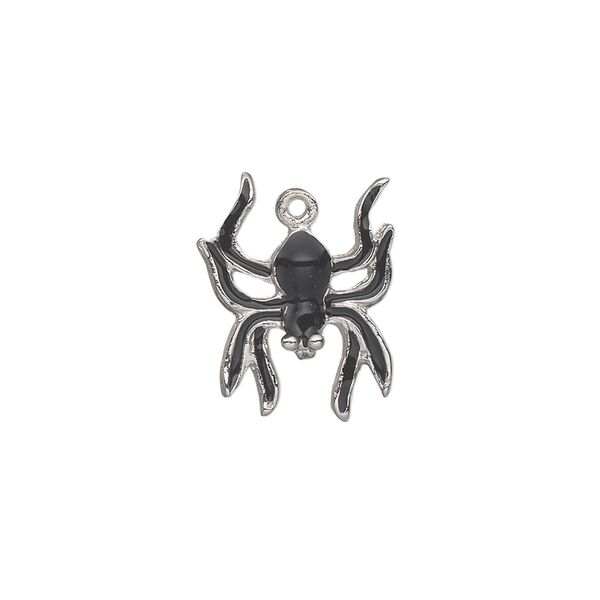Charm, silver-plated "pewter" (zinc-based alloy) and enamel, black, 18x14mm single-sided spider. Sold individually. image number 0