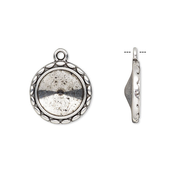 Drop, Almost Instant Jewelry®, antique silver-finished "pewter" (zinc-based alloy), 19mm round with scalloped design and 14mm rivoli setting. Sold per pkg of 6. image number 0