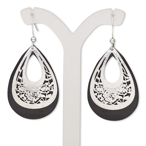Earring, acrylic with imitation rhodium-plated brass and "pewter" (zinc-based alloy), black, 49.5mm with brushed teardrop and rose cutout design with fishhook ear wire. Sold per pair. image number 0