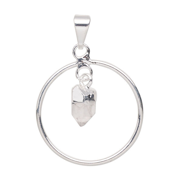 Pendant, Everyday Jewelry, silver-plated brass and quartz crystal (natural), 30x25mm-32x27mm open round. Sold individually. image number 0