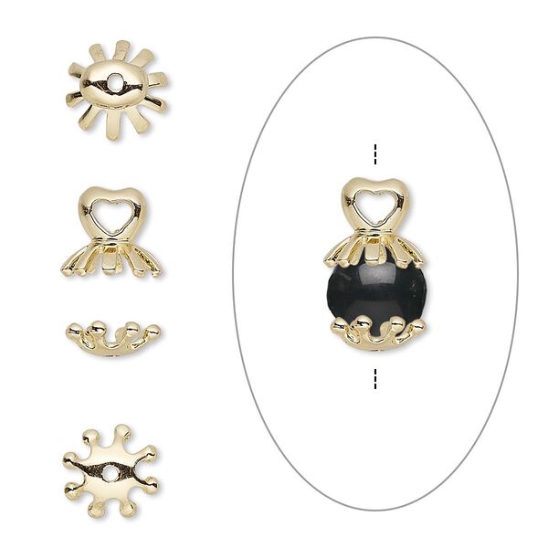 Bead cap, antique gold-finished bronze, 15x8mm with 8x7mm heart and 7.5x7.5mm bottom cap, fits 8-10mm bead. Sold per 2-piece set. image number 0