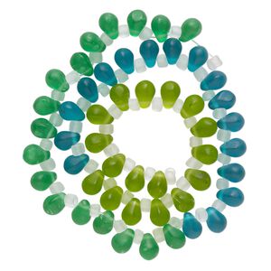 Bead, glass, translucent matte light green, green and teal, 8x6mm top-drilled teardrop with irregular rondelles. Sold per 14-inch strand.