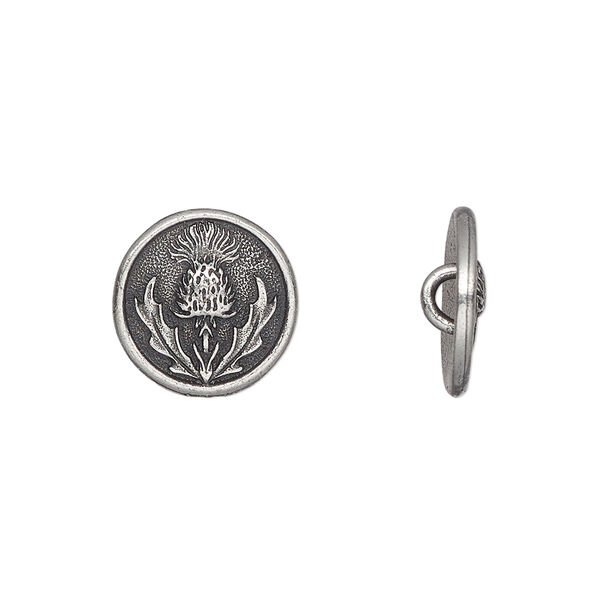 Button, TierraCast®, pewter (tin-based alloy), 14.5mm round with thistle design and hidden closed loop. Sold per pkg of 20. image number 0