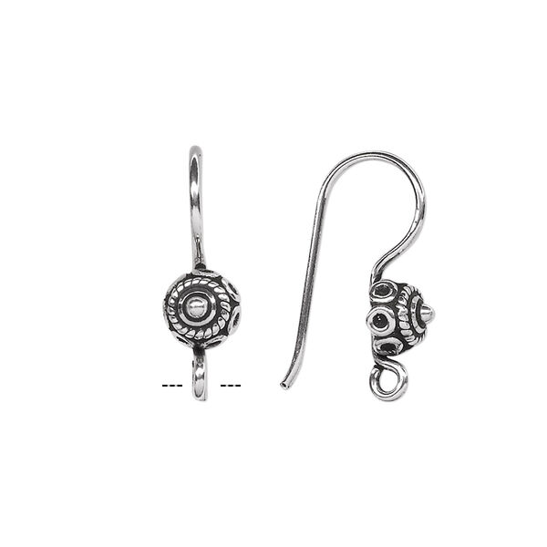 Ear wire, antiqued sterling silver, 20mm fishhook with circles and open loop, 18-20 gauge. Sold per pair. image number 0