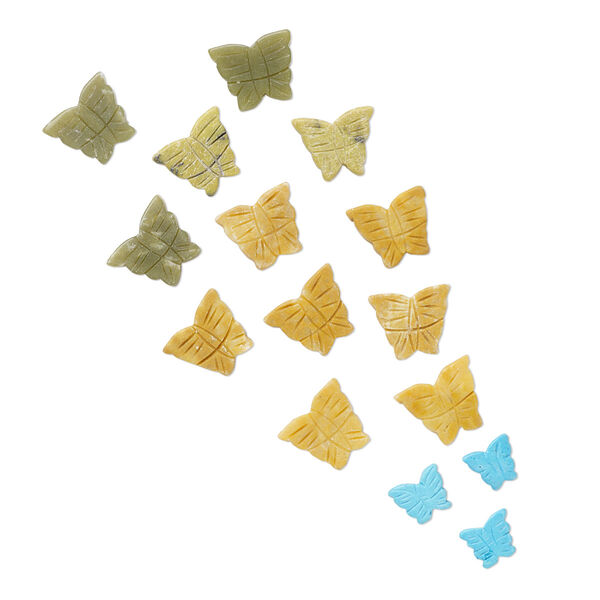 Bead mix, multi-gemstone (natural / dyed / stabilized), mixed colors, 14x12mm-22x18mm carved butterfly, C grade. Sold per pkg of 15. image number 0