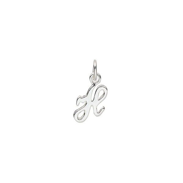Charm, sterling silver, 10x7mm Champagne cursive alphabet letter "H." Sold individually. image number 0