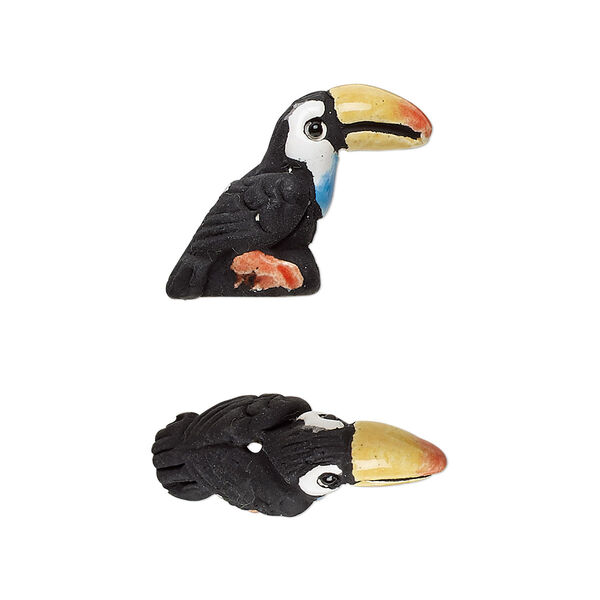 Bead, glazed ceramic, multicolored, 24x17mm hand-painted toucan. Sold per pkg of 2. image number 0