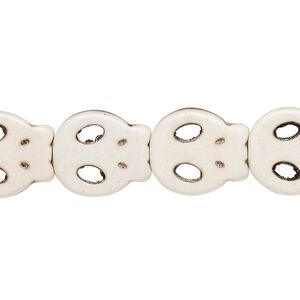 Bead, "howlite" (resin) (imitation), white, 15x13mm flat skull. Sold per 15-inch strand.