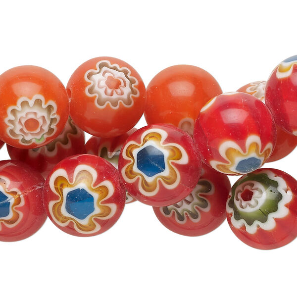 Bead, millefiori glass, translucent red and multicolored, 11-12mm round. Sold per pkg of (3) 14-inch strands. image number 0